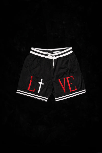 'LIVE/LOVE' Red Basketball Shorts